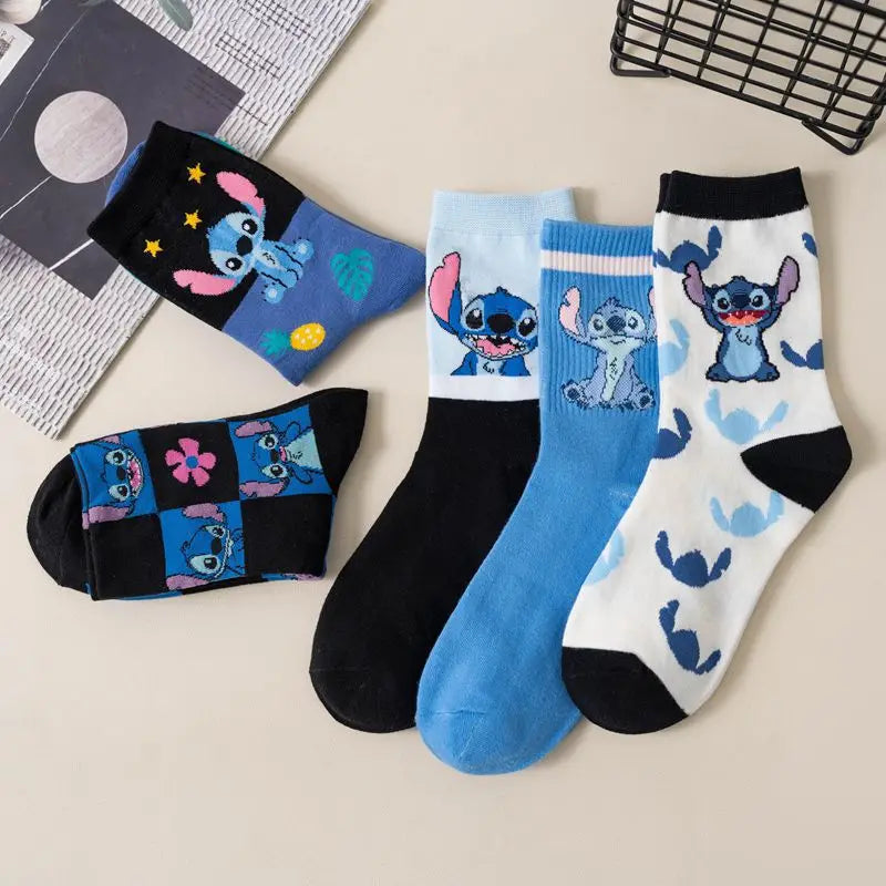 New Disney Anime Cartoon Kawaii Stitch Pure Cotton Socks Medium Length Socks Combed Cotton Birthday Gift for Girls Friends Boys