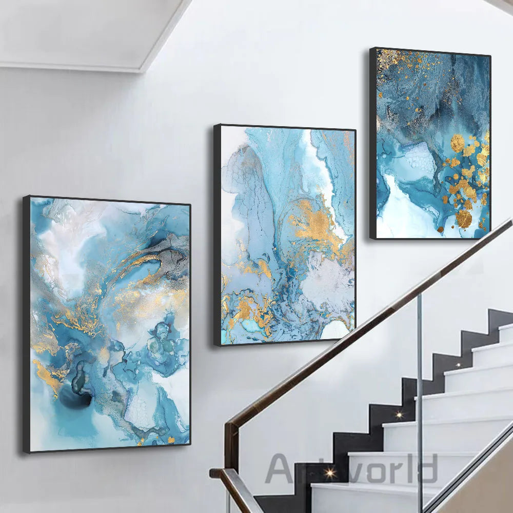 Blue Prints Abstract River Gold Texture Wall Art Canvas Painting Posters and Prints for Living Room Home Decoration